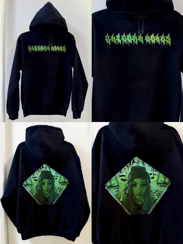 "UNICORN BONES” Green Metal Font w/ Face Graphic, Black Drawstring Hoodie *New Design* product image (1)