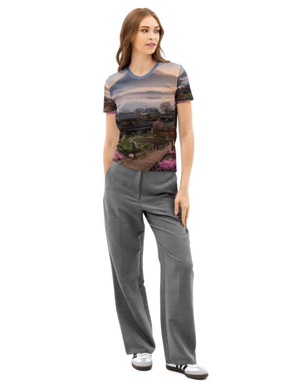 Mount Fuji Village Pink Moss Women’s Cotton Crew Neck T-Shirt product image (3)
