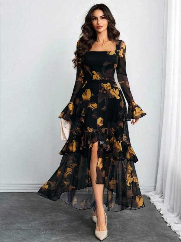 Women's Gothic Elegant Sexy Long Sleeve Modern Romantic Ruffle Floral Sleeve Abstract Print Dress Spring Vacation product image (6)