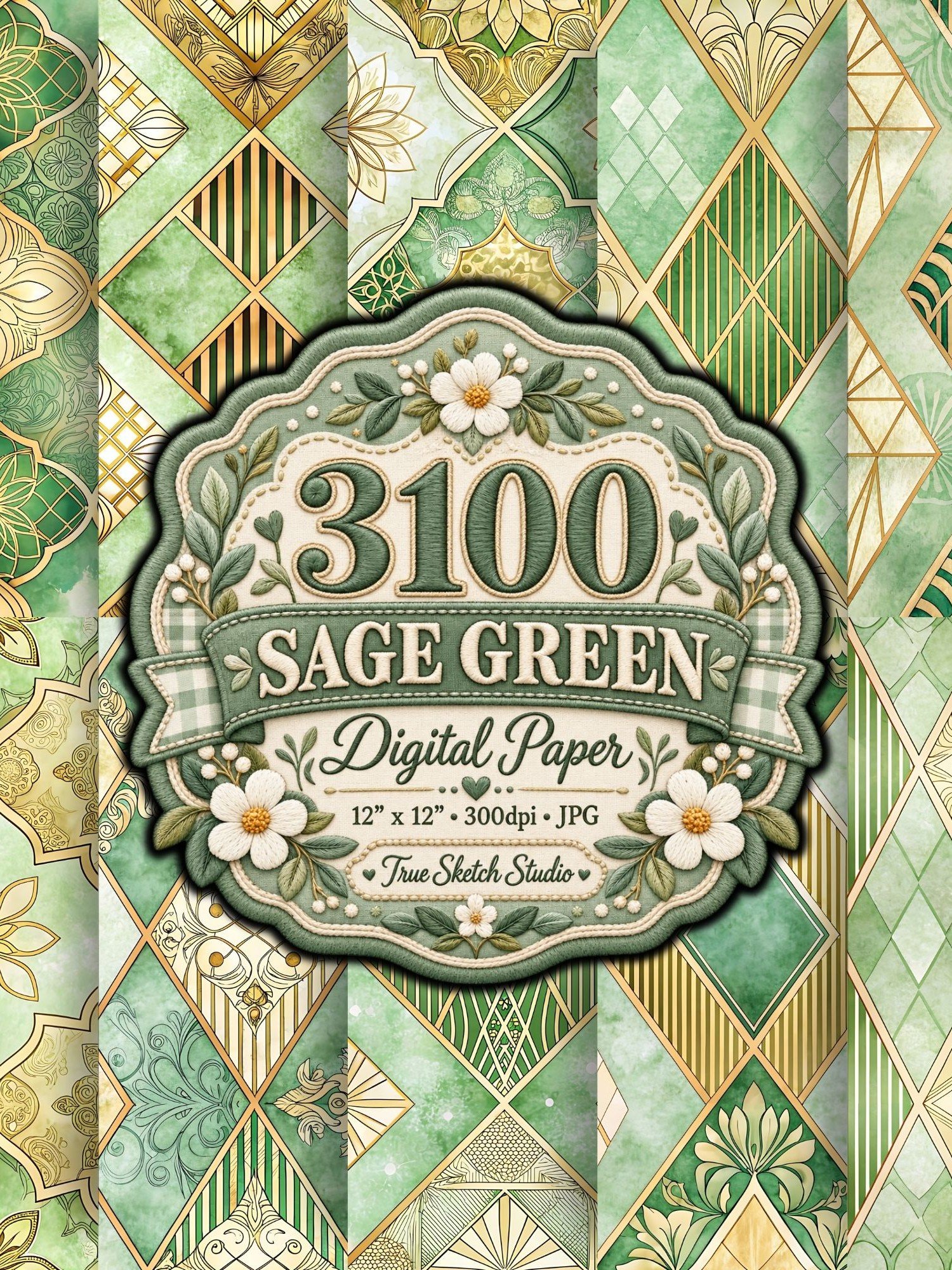 3100 Sage Green Digital Paper Bundle, Floral Botanical Scrapbook Paper, Daisy Gingham Designs, 12x12 JPG, Printable Junk Journal Backgrounds product image (5)