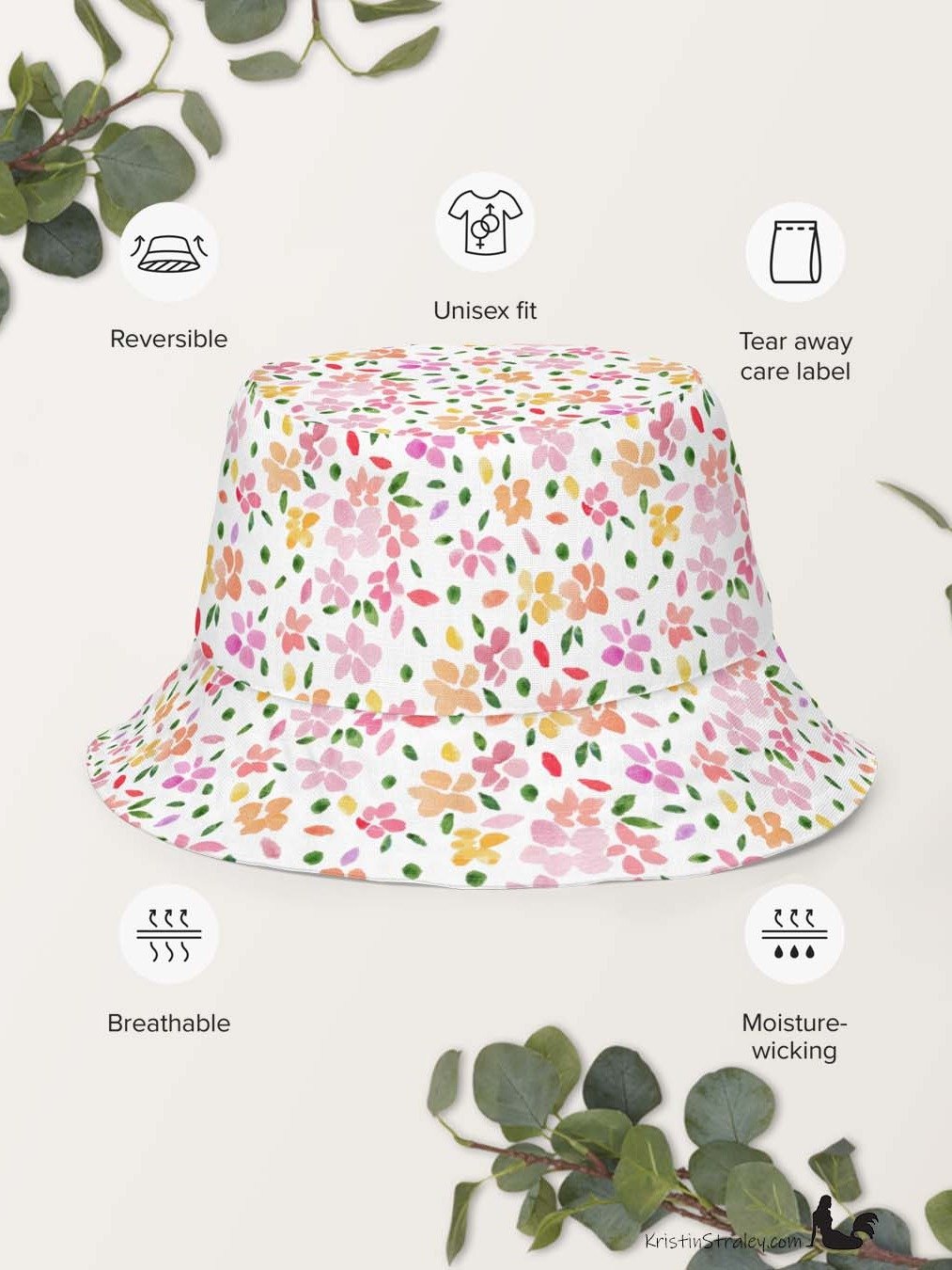 Spring Flowers on White Reversible Bucket Hat with Petal Confetti on White product image (9)