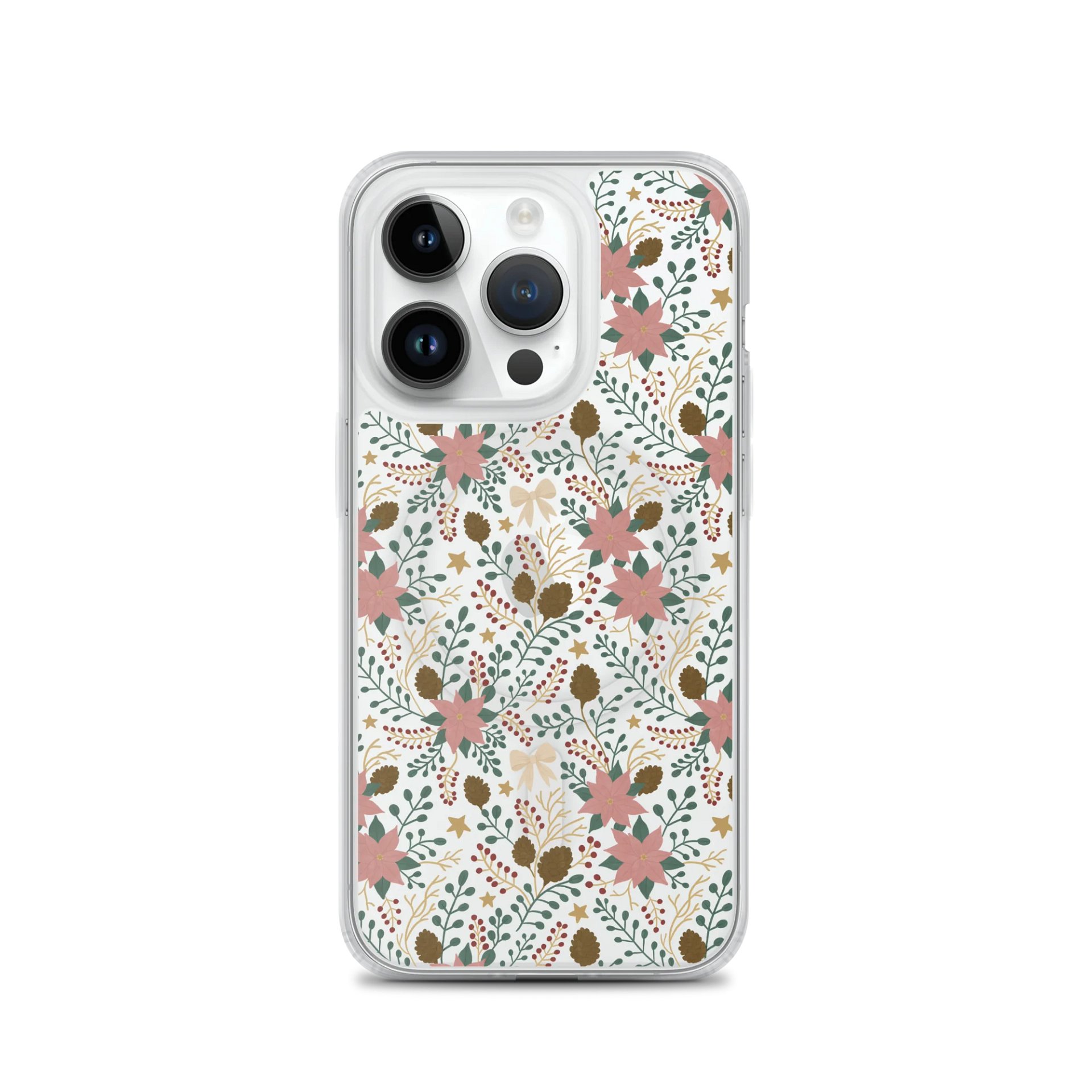 MagSafe® clear case for iPhone enchanted forest blooms. Botanical Christmas design with poinsettias and winter details product image (5)