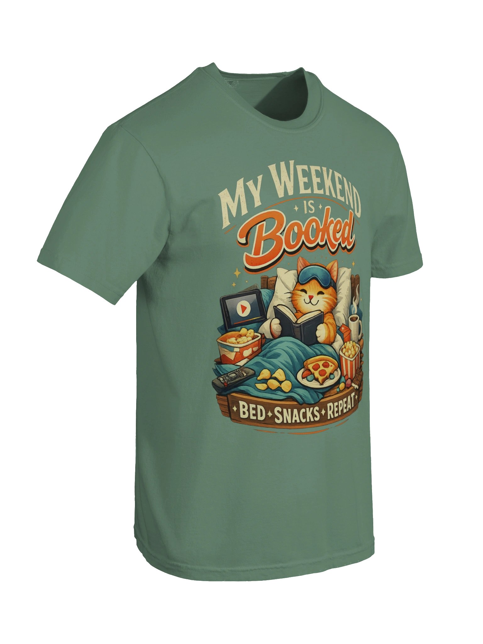 Funny Lazy Weekend T-Shirt – Bed Snacks Repeat Shirt for Introverts and Relaxing product image (6)