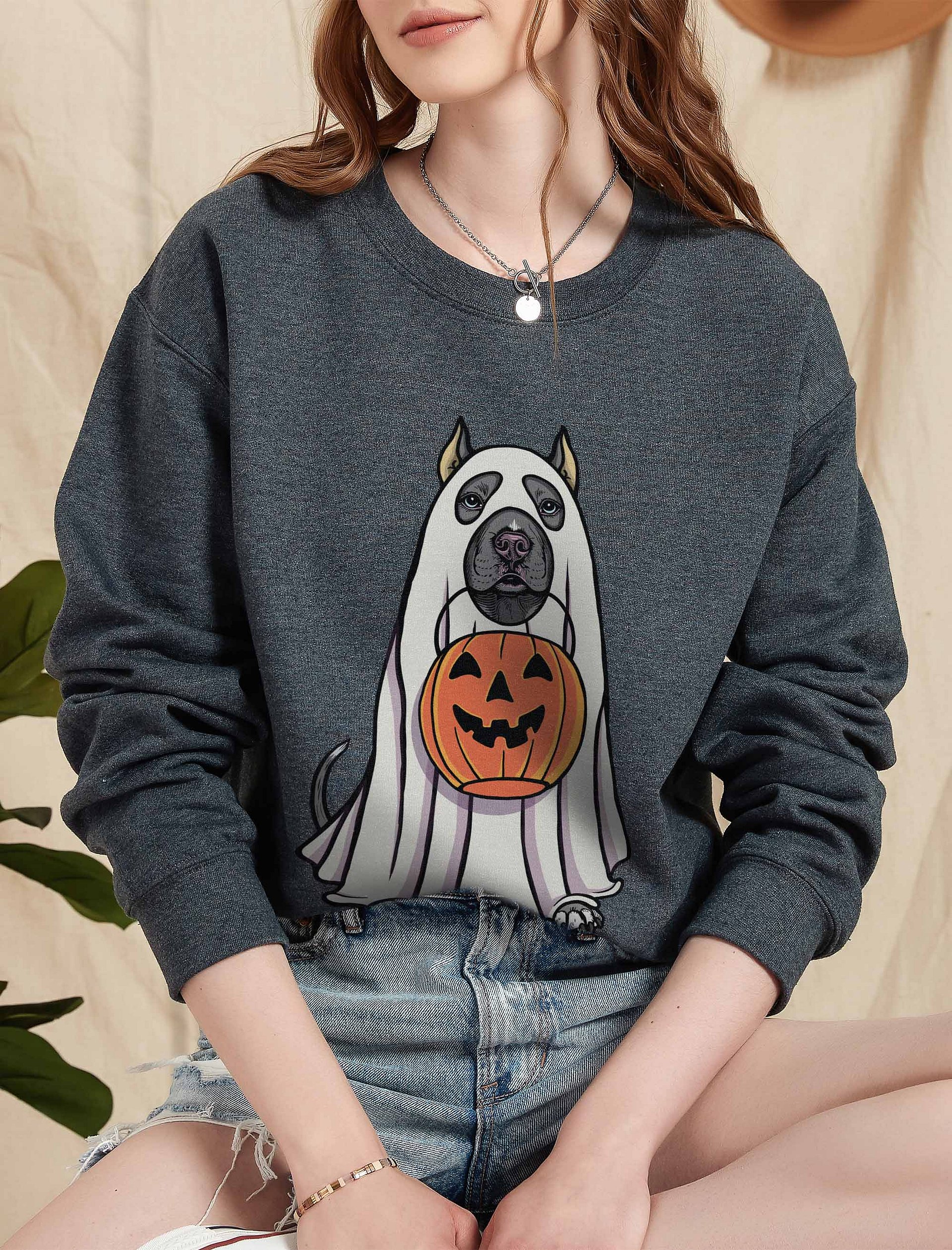 Funny Halloween Pitbull Terrier(Cropped Ears, Blue) Sweatshirt | Funny Pittie Wearing a Ghost Costume and Holding a Pumpkin Basket product image (2)