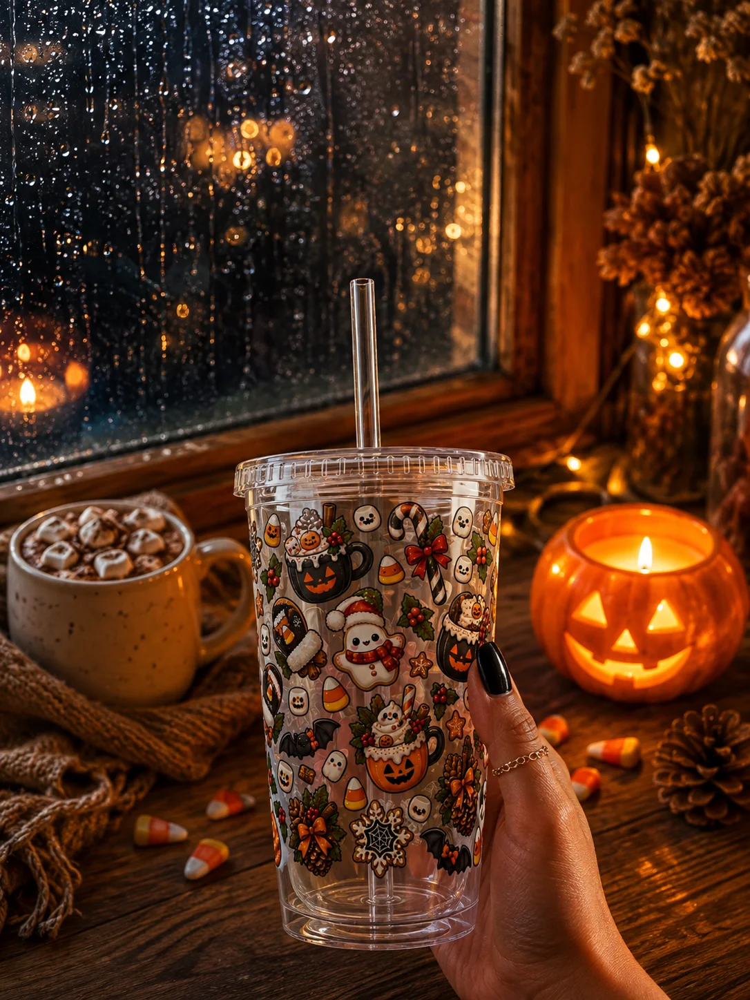 Cozy Cocoa & Candy Corn Clear Dual Wall Tumbler 16 Oz (473 ml) product image (1)