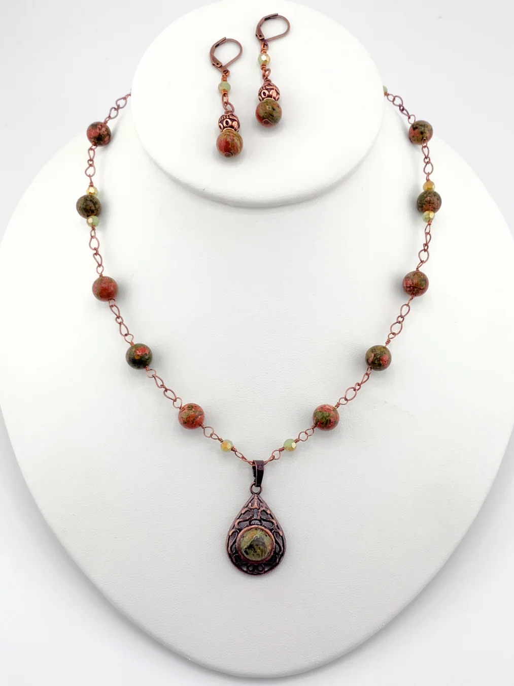 Unakite and Antique Copper Beaded Pendant Necklace, Bracelet, and Earrings Set product image (2)