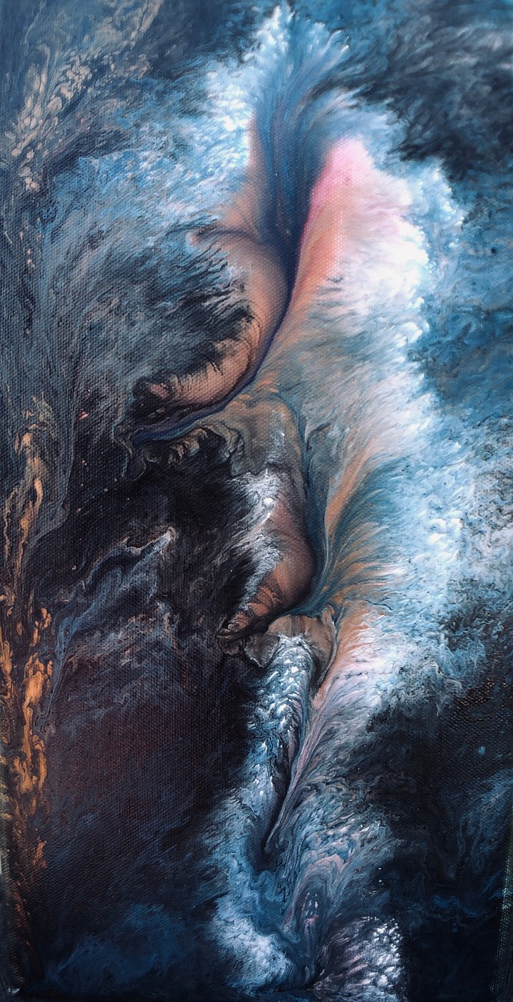 "Feathery Fronds"-8x16 canvas acrylic pour painting pink,terra cotta,blue,black,metallic gold,and white product image (2)