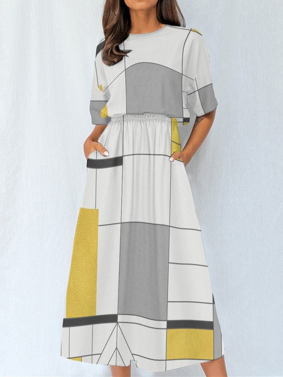 Neutral Geometric Midi Dress | Chic Everyday Casual Dress product image (3)