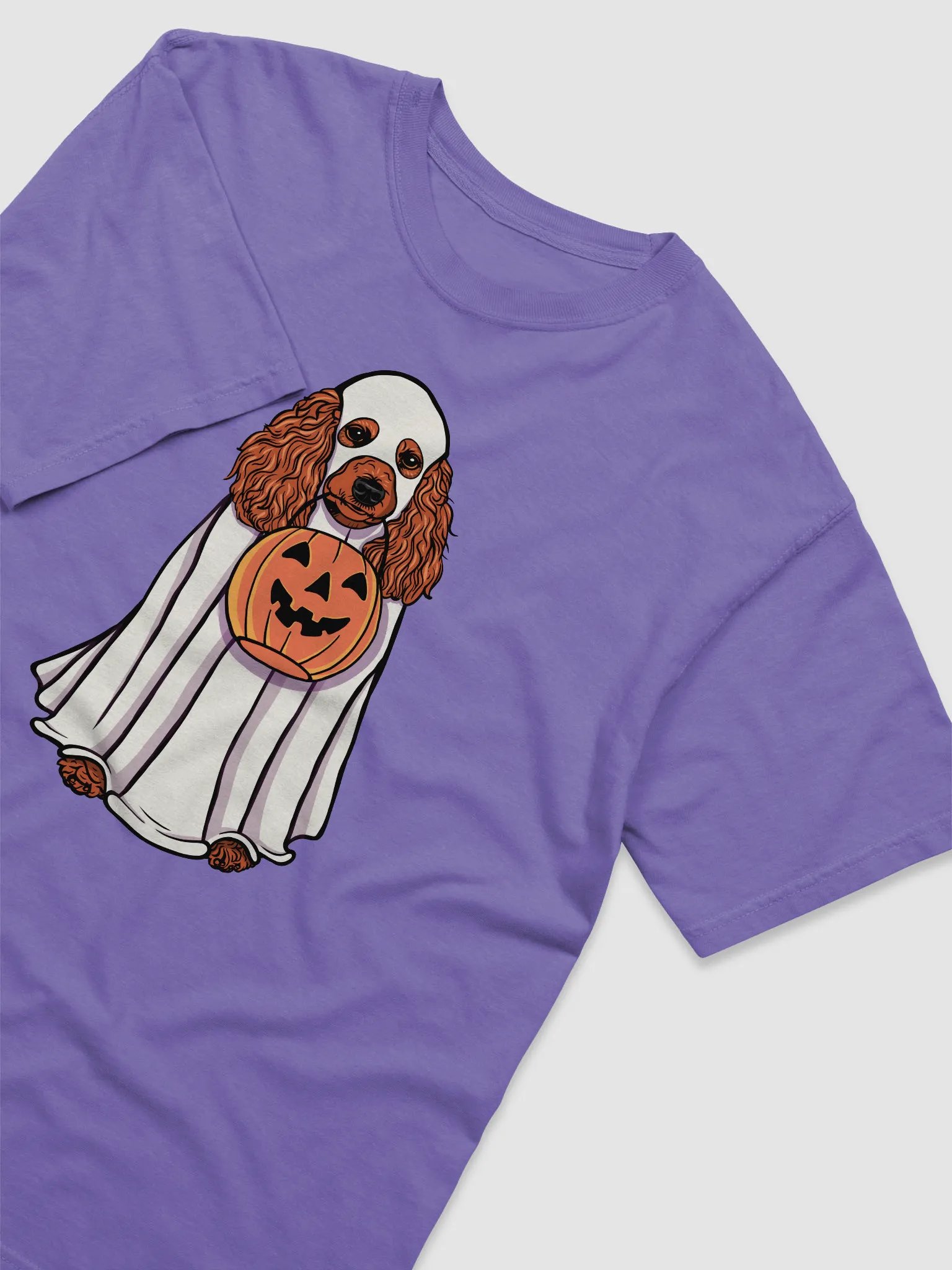 Funny Halloween Poodle(Red) T-Shirt | Funny Papillon Wearing a Ghost Costume and Holding a Pumpkin Basket product image (6)