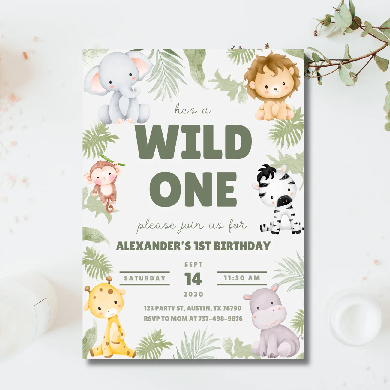 Wild One Birthday Invitation | Safari 1st Birthday Invite | Jungle Party | Animal Theme | Editable Canva Template product image (5)
