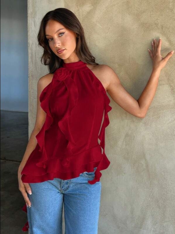 Red Halter Backless Ruffle Floral Applique Top | ADLEST product image (1)
