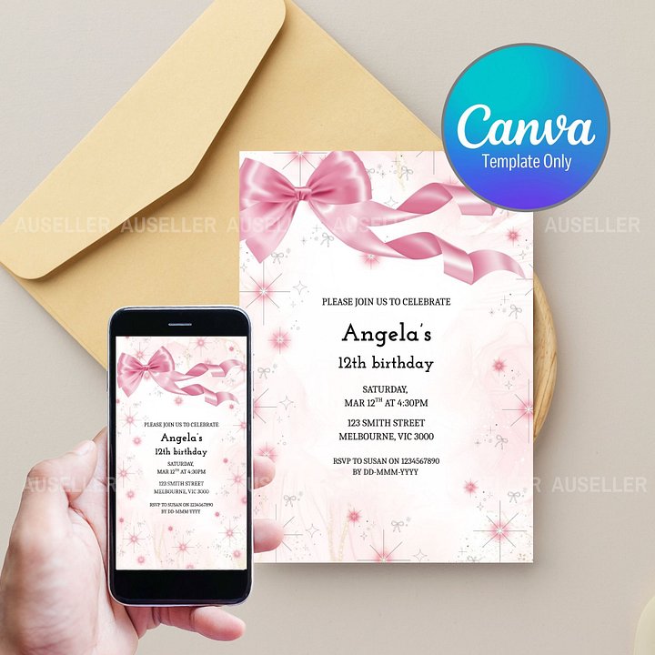 Pink Bow Birthday Invitation product image (1)
