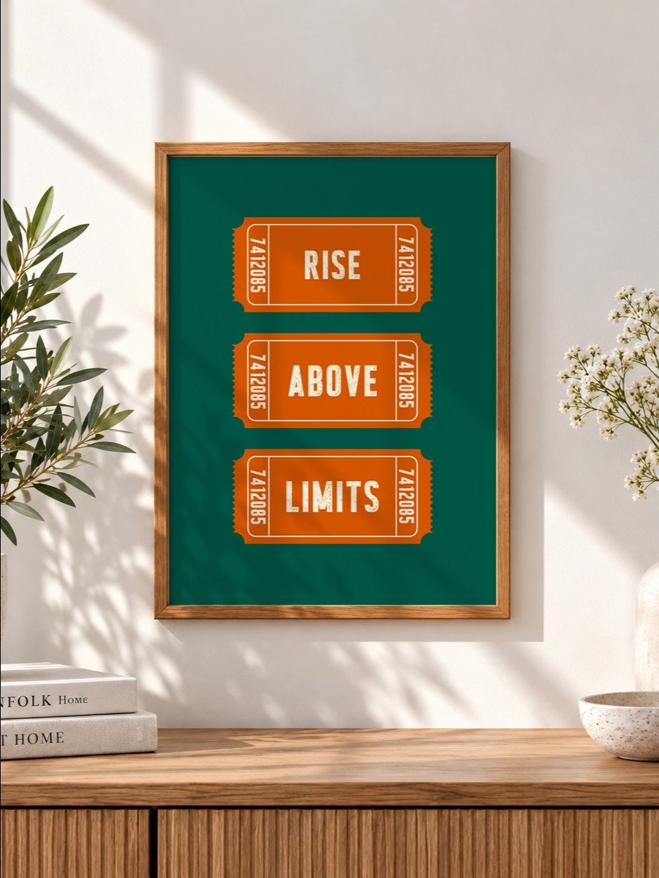 Rise Above Limits Motivational Poster, Retro Ticket Print, Dark Green Orange Typography Wall Art, Uplifting Art, Printable Inspirational Art product image (4)
