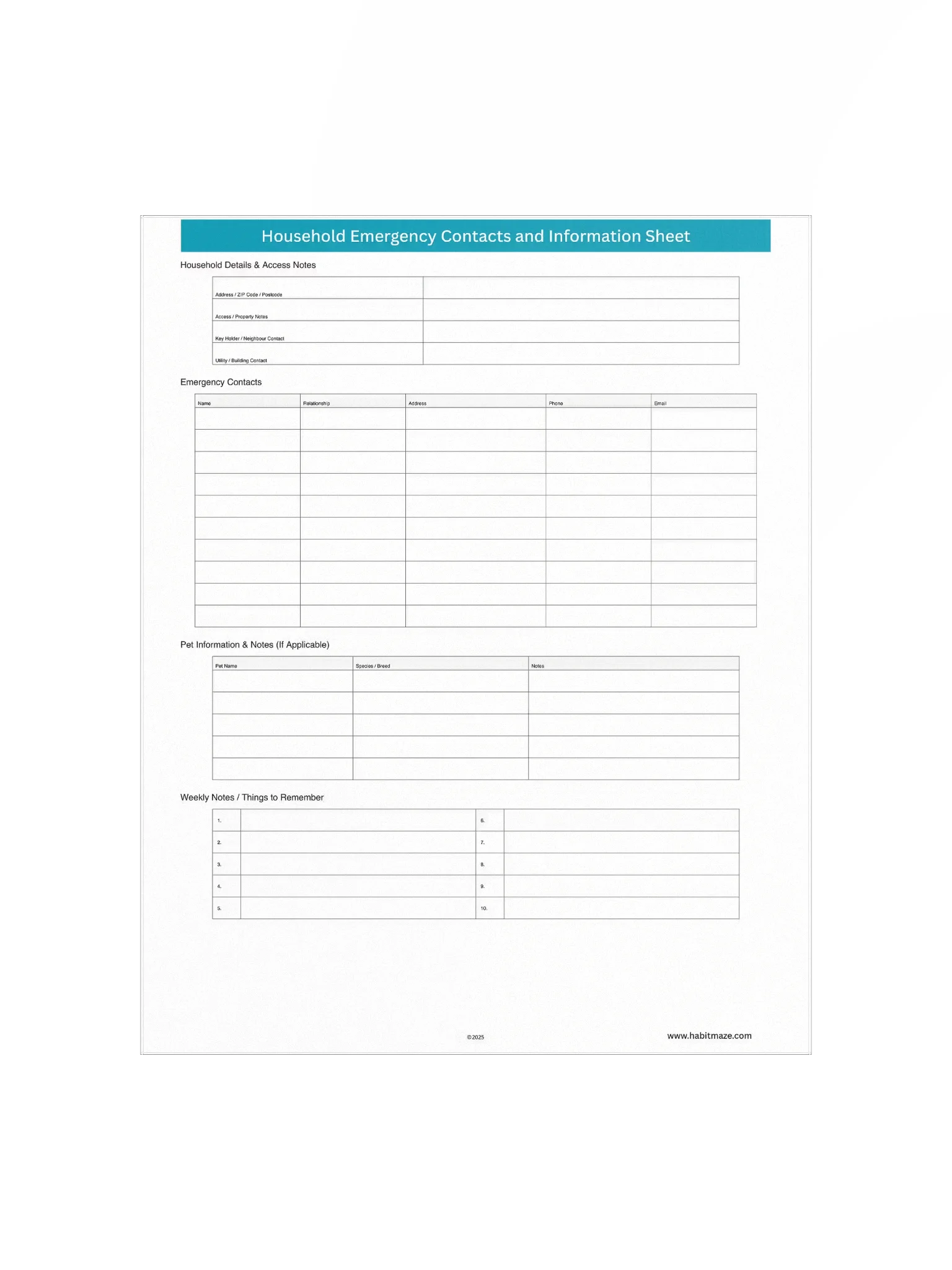 Household Emergency Contacts and Information Sheet product image (2)