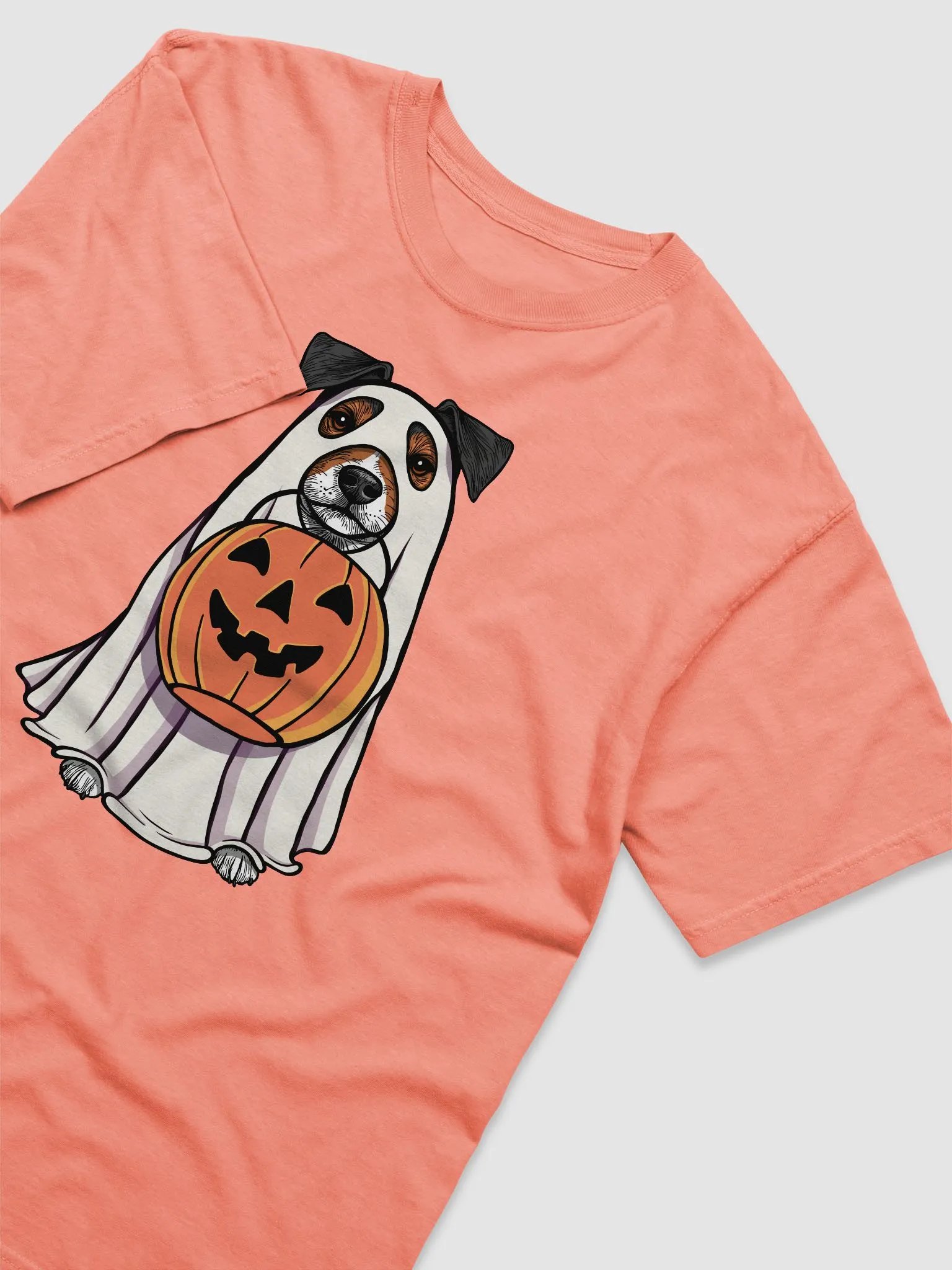 Funny Halloween Jack Russell Terrier(Grizzle) T-Shirt | Funny JRT Wearing a Ghost Costume and Holding a Pumpkin Basket product image (6)