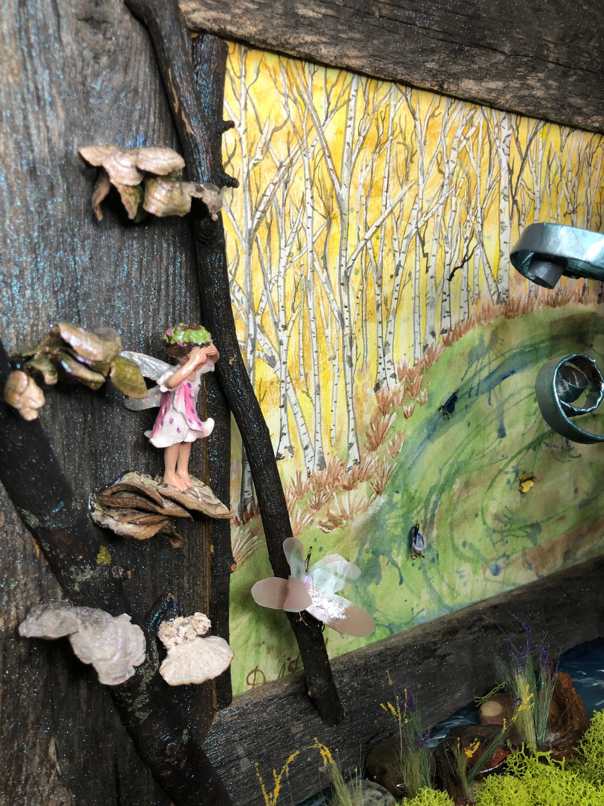 "The Fantasy Tree"- OOAK Fairy diorama with watercolor painted background and magazine tree product image (3)
