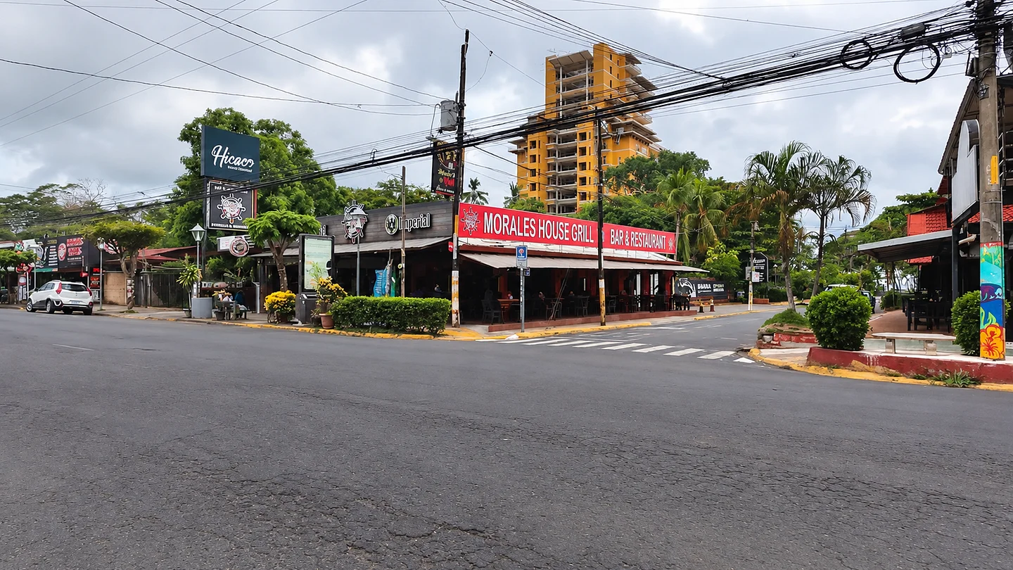 A side street with a hotel in the distance, Costa Rica