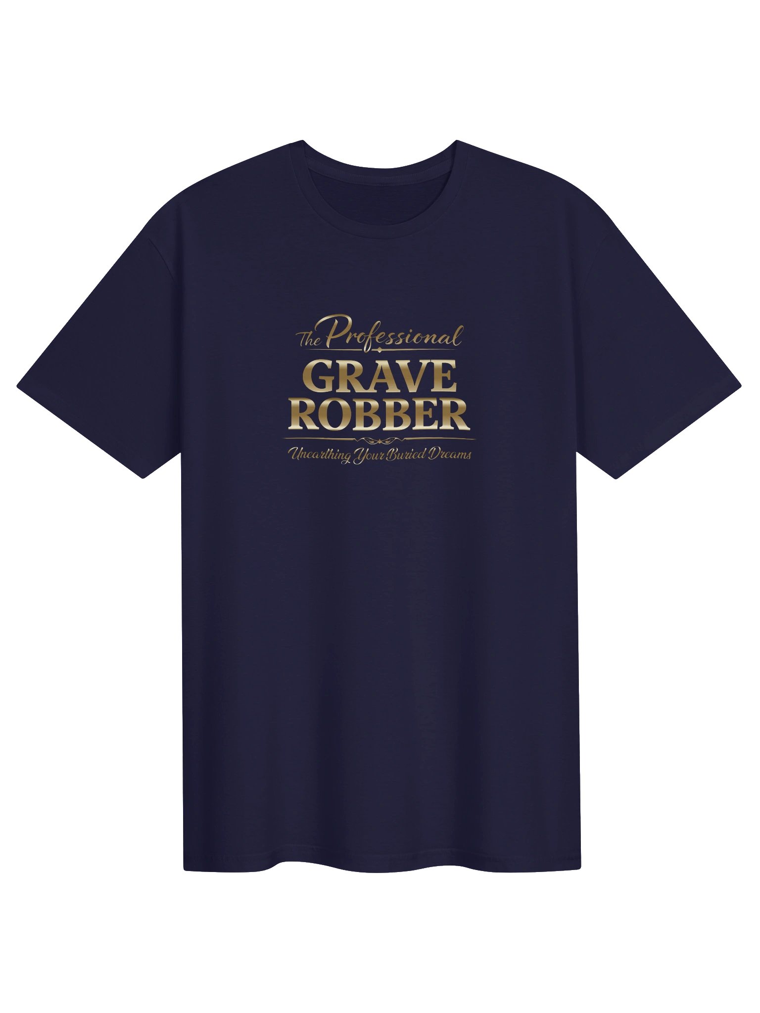 The Professional Grave Robber Navy Blue Gold Script Tee product image (1)