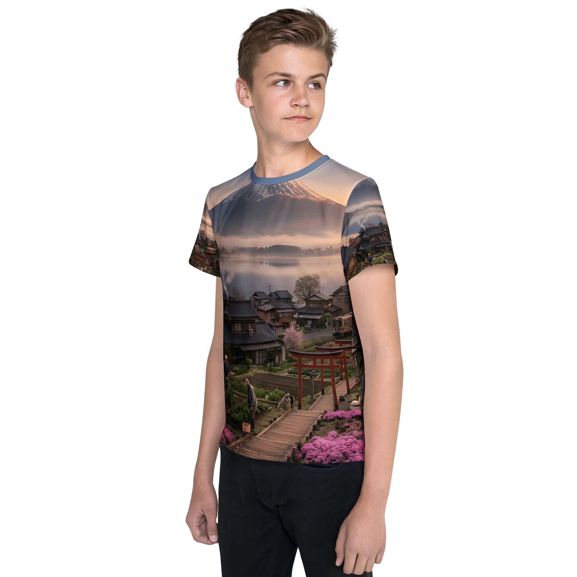 Mount Fuji & Pink Moss Youth Crew Neck T-Shirt | All-Over Print Tee product image (5)