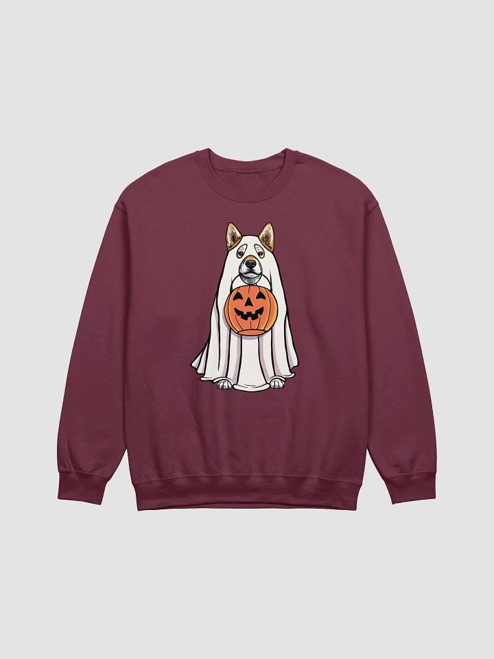 Funny Halloween Shiba Inu Sweatshirt | Funny Dog Wearing a Ghost Costume and Holding a Pumpkin Basket product image (1)