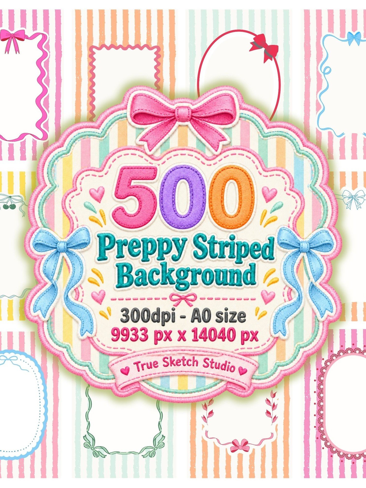 500 Preppy Striped Digital Paper Bundle, Pastel Coquette Bow Backgrounds, Scalloped Frames, Printable Stationery, Scrapbook Pages, A0 300DPI product image (1)