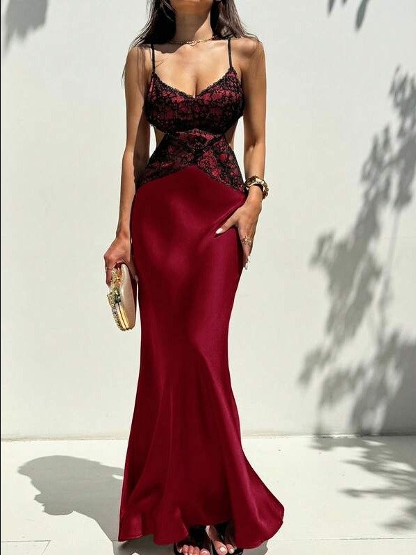 Elegant Contrast Lace Mermaid Hem Cami Dress, Casual & Party Wear,Summer Dresses For Women product image (6)