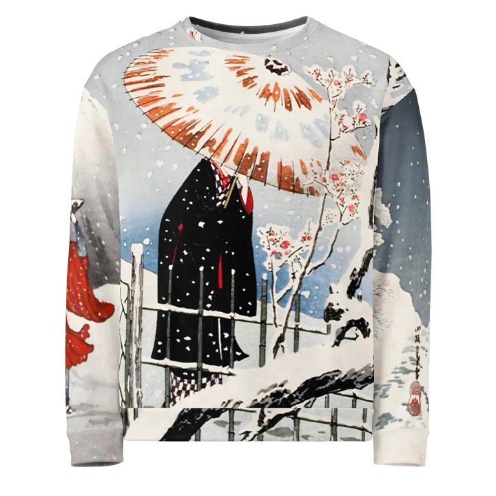 Plum Tree and Snowy Evening All-Over Print Recycled Unisex Sweatshirt product image (1)