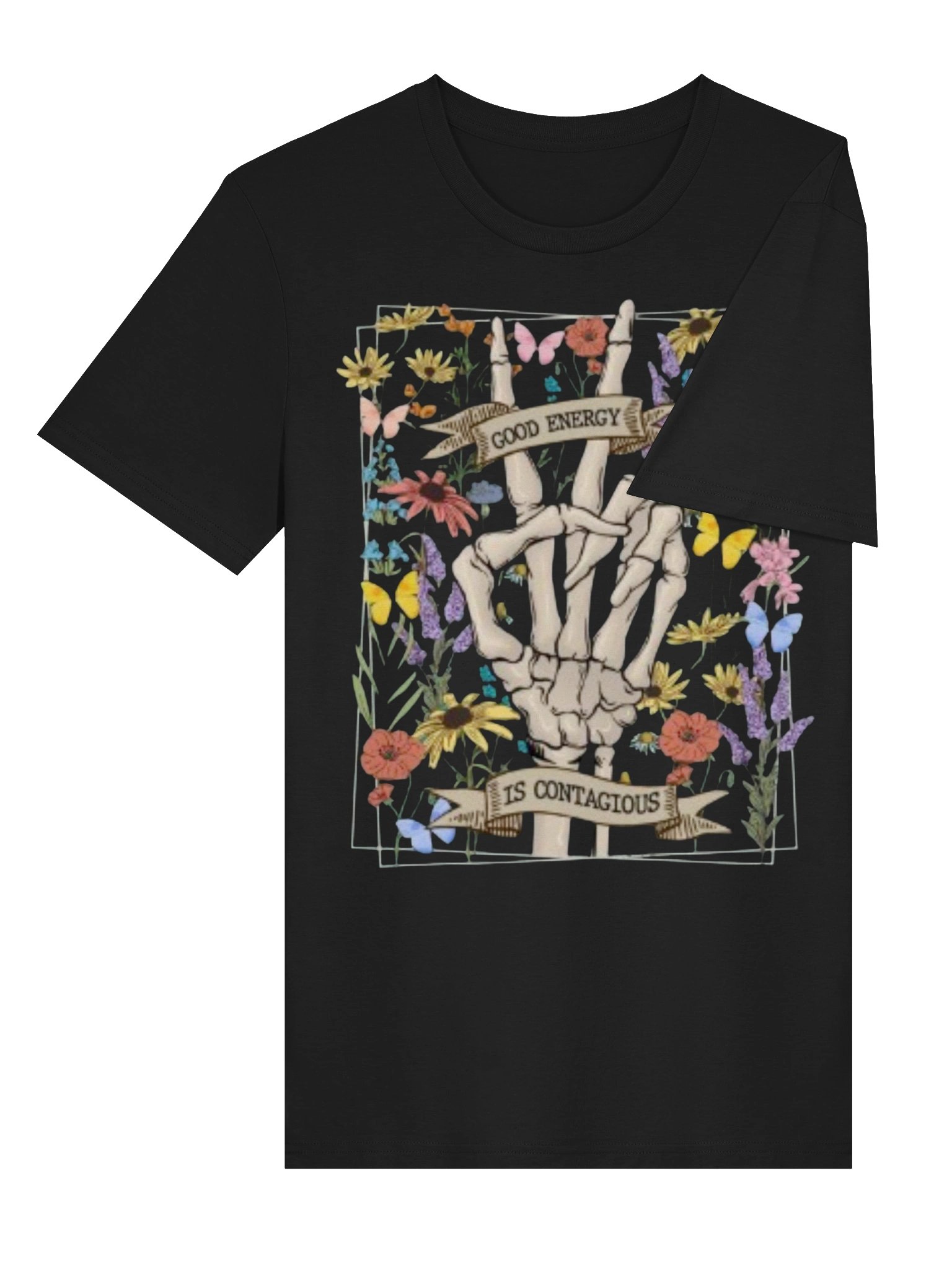 Good Energy Is Contagious T-Shirt – Skeleton Peace Sign Floral Tee | Positive Vibes product image (4)
