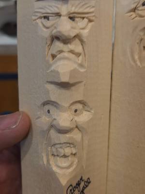 This is one of the Study Sticks Roger Stegall has worked up for one of his students during class.  they just keep going back to expressions work and its really fun to see! #woodcarving #caricaturecarving #whittling #woodcarver #missouri 