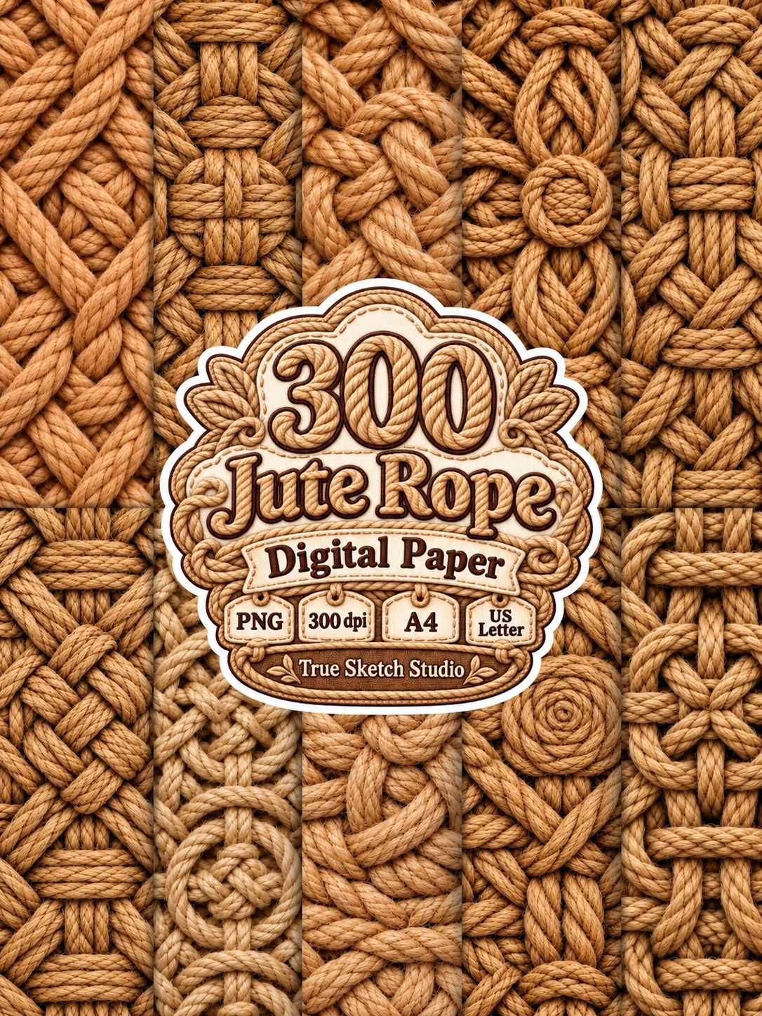 Jute Rope Digital Paper Bundle, Beige Brown Woven Textures, Rustic Scrapbook Backgrounds, Braided Motifs, Printable Junk Journal Craft Pages product image (7)