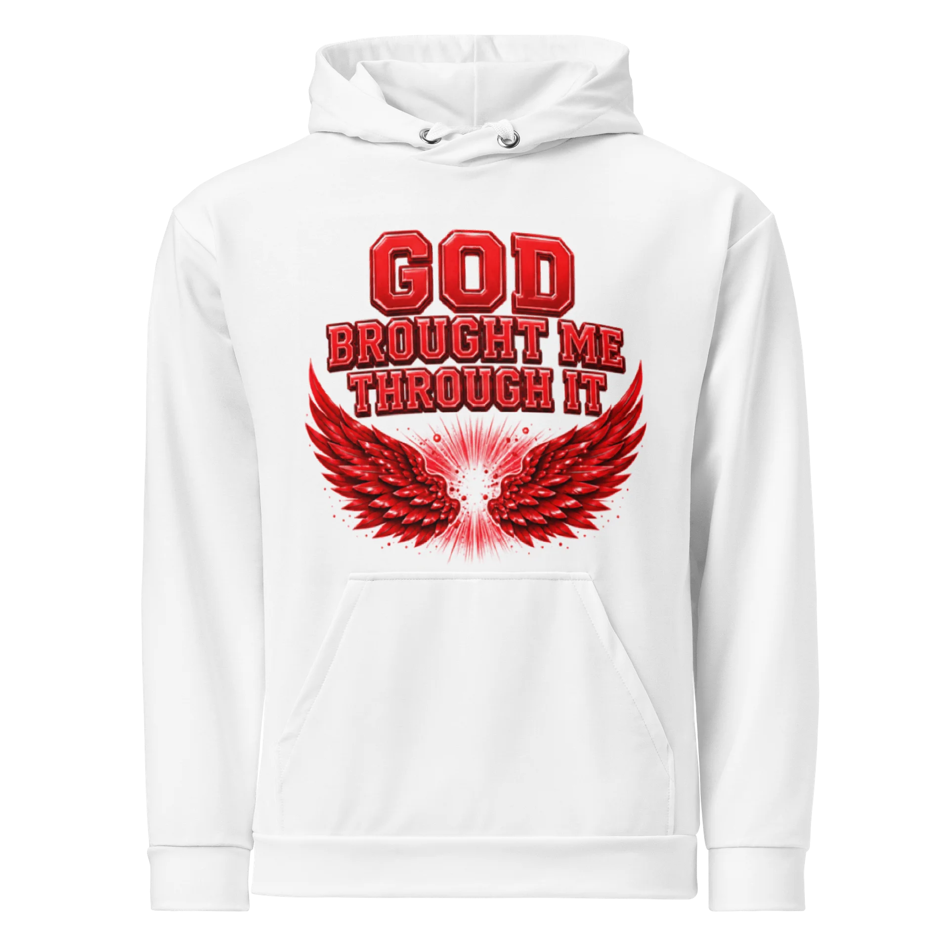 God Brought Me Through It White Hoodie – Red Wings Edition product image (1)