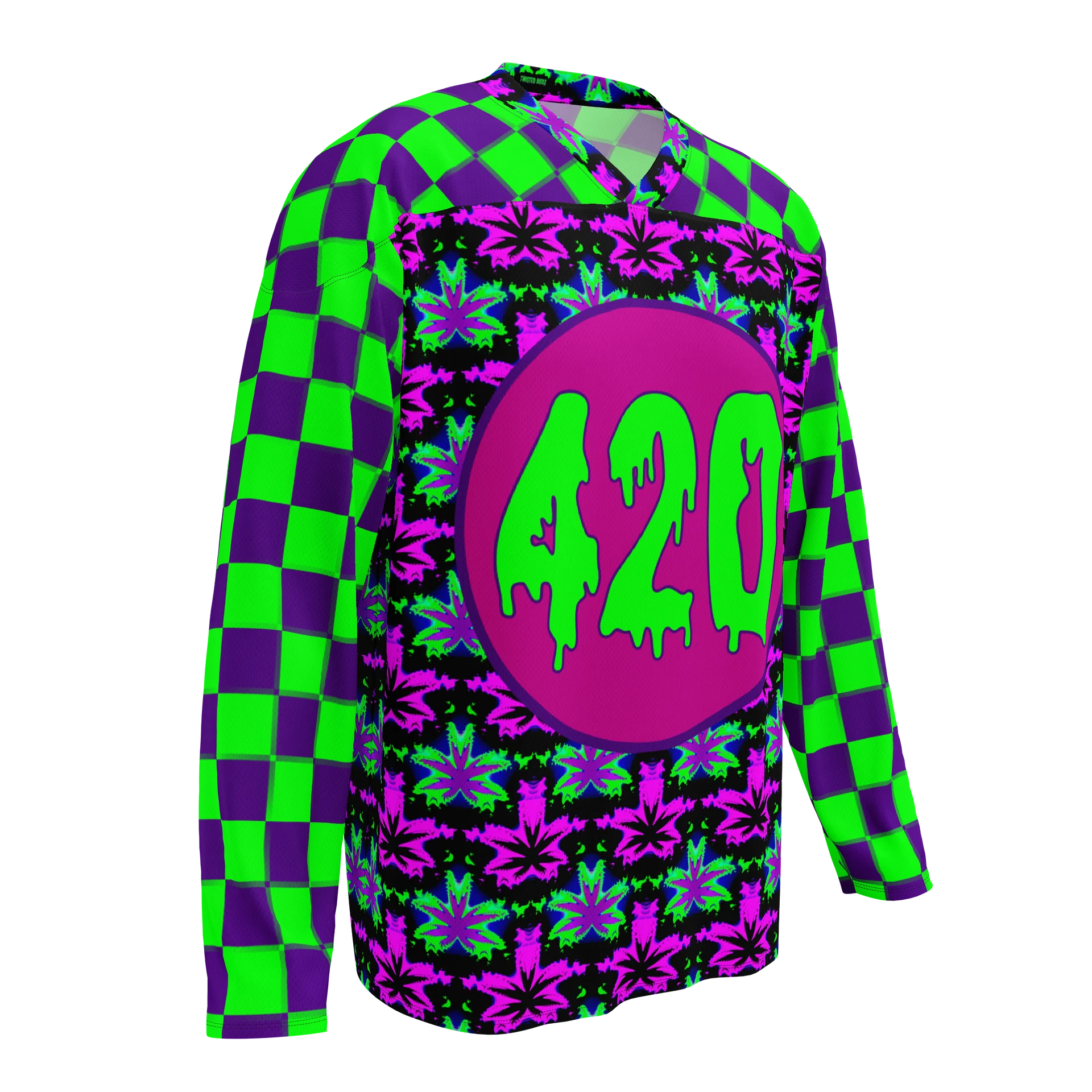 Cannabis Rave 420 Hockey Jersey, Clowncore Checkers Stoner Shirt, Pot Leaf EDM Festival Fashion, Neon Twisted Techno Dance Party Weed Top product image (5)