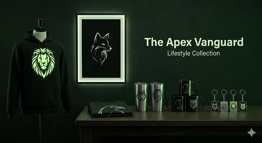 The definitive Apex Vanguard collection display featuring the glowing Lion Vanguard Hoodie, framed Fox wall art, and custom Raven t-shirt, tumblers, and keychains on a dark green retail display.
