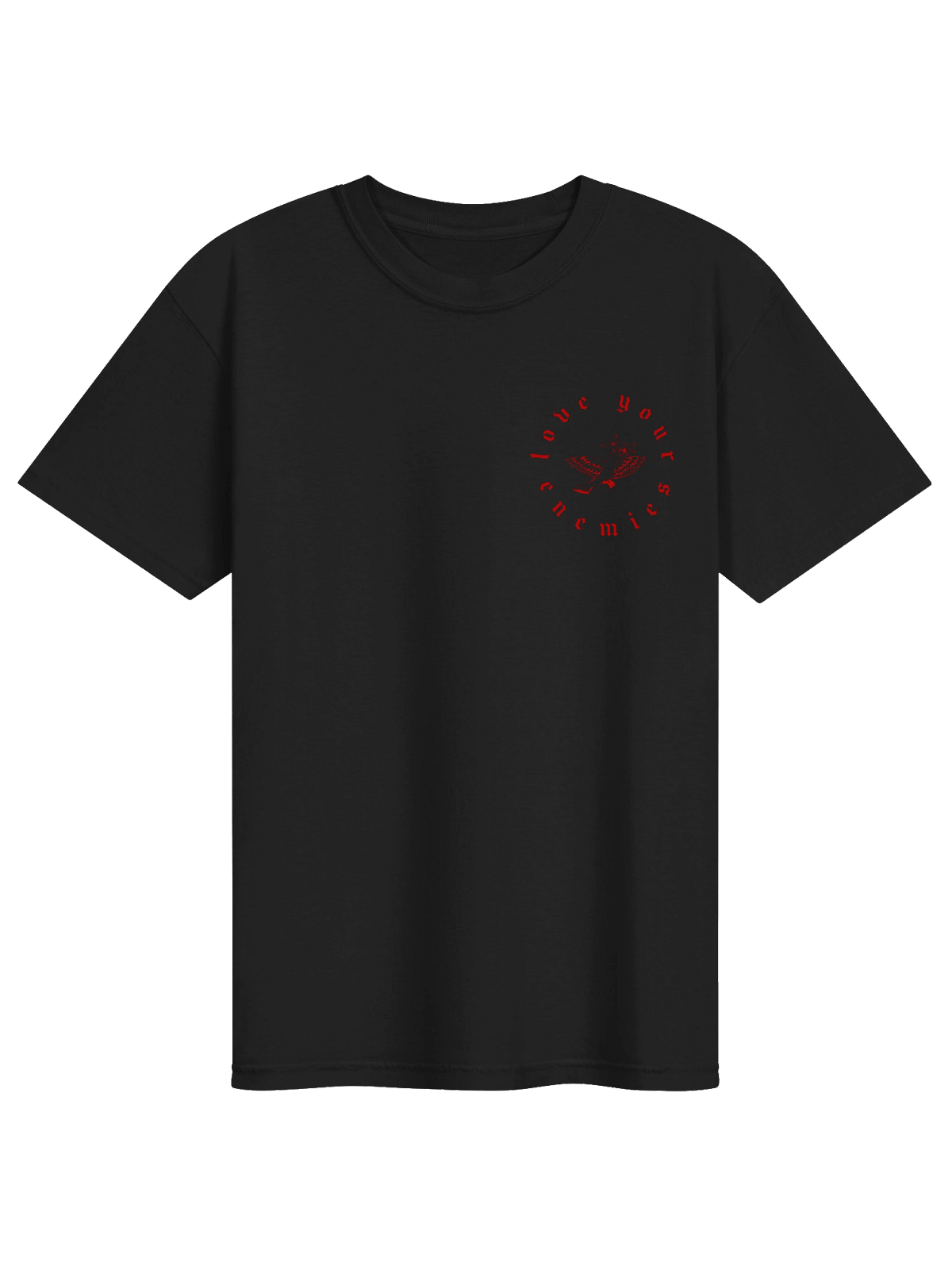 Love Your Enemies tee, front with the seal on the chest