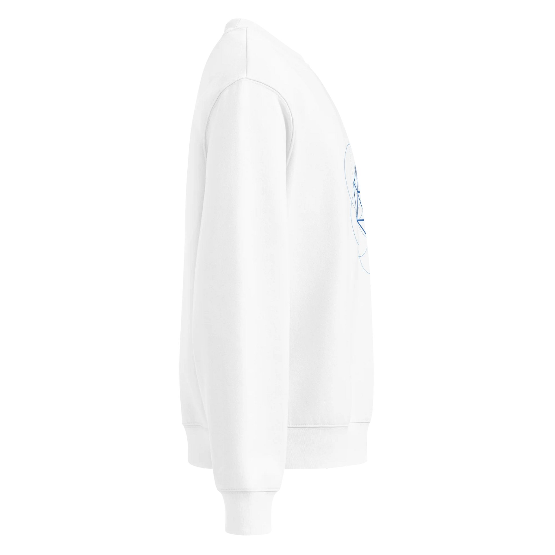 White Sweater – Blue Icosahedron (Centered Front & Upper Back Print) product image (4)