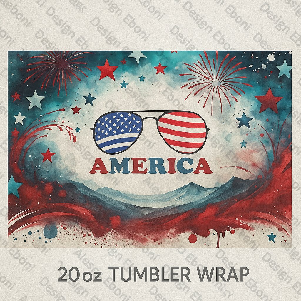 Patriotic 4th of July Tumbler Wrap | America Sunglasses Sublimation PNG | Red White Blue Fireworks 20oz Skinny Tumbler Design product image (1)