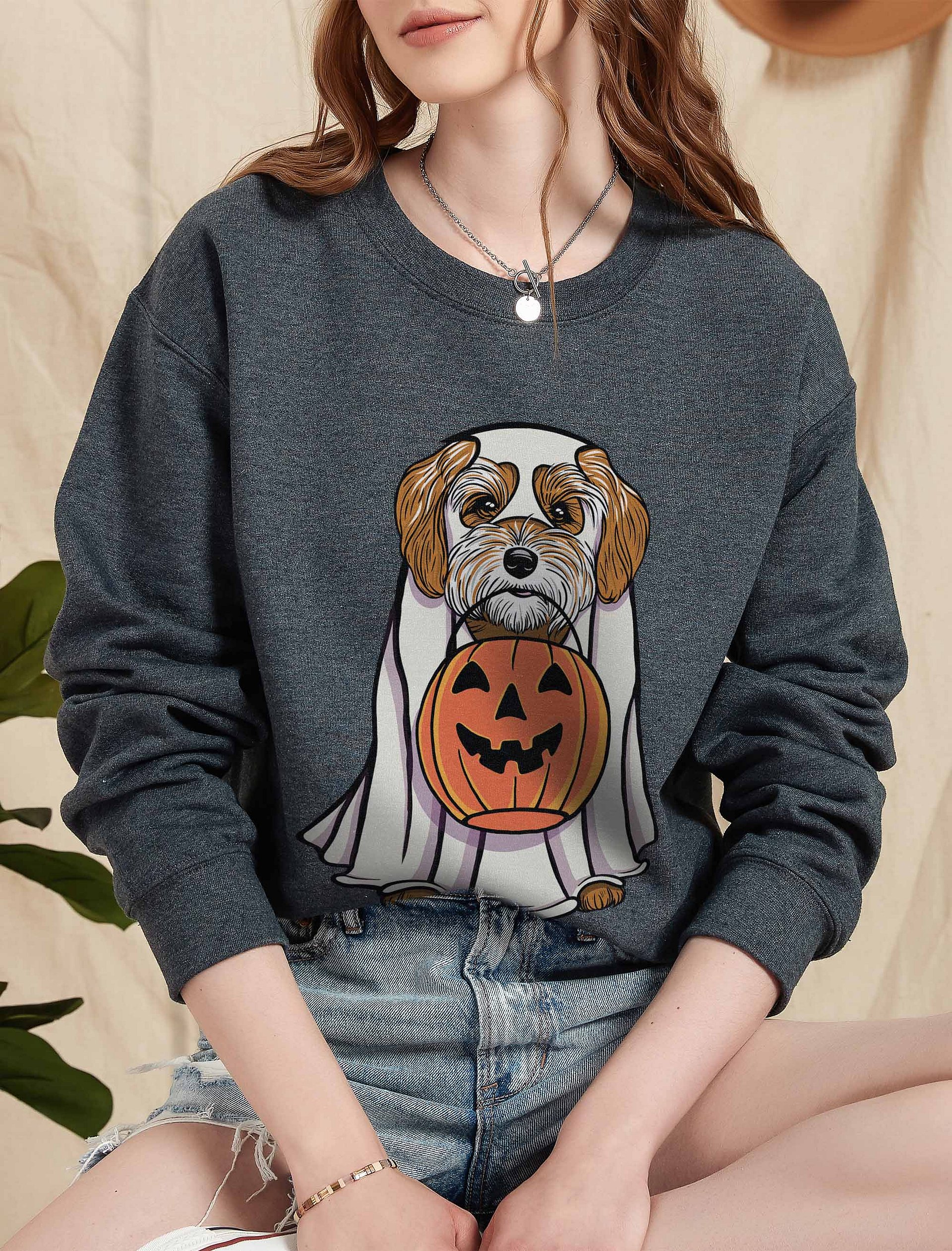 Funny Halloween Havanese(Brown & White) Sweatshirt | Funny Havanese Wearing a Ghost Costume and Holding a Pumpkin Basket product image (2)
