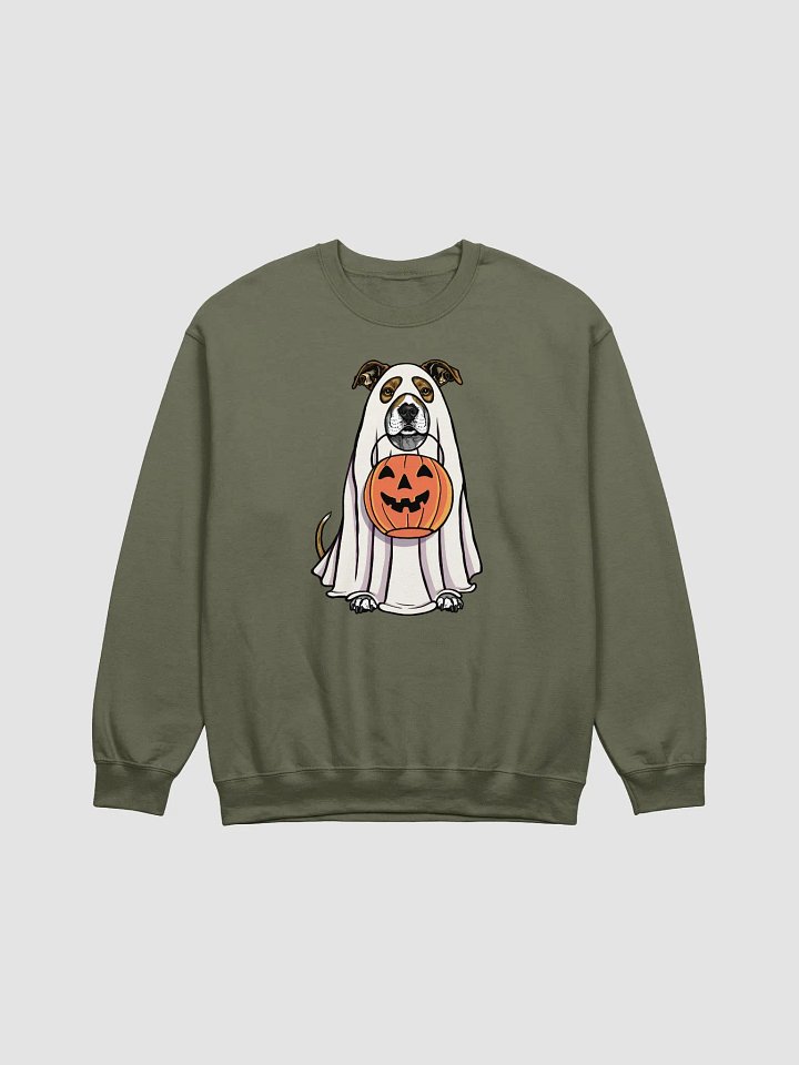Funny Halloween Pitbull Terrier(Brindle) Sweatshirt | Funny Pittie Wearing a Ghost Costume and Holding a Pumpkin Basket product image (1)