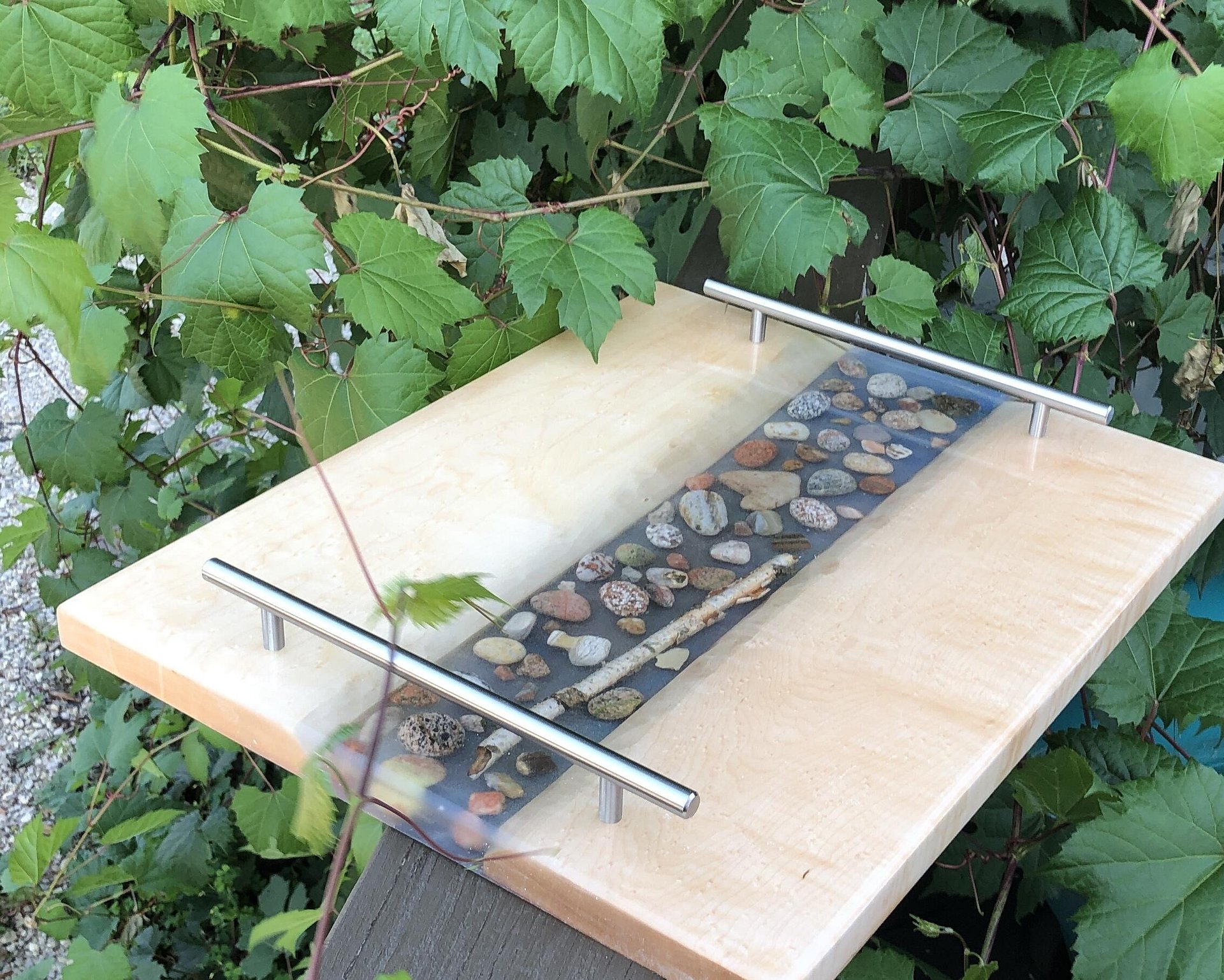 16" x19.75" x1" Birdseye maple and Lake Superior rocks River Charcuterie board product image (1)