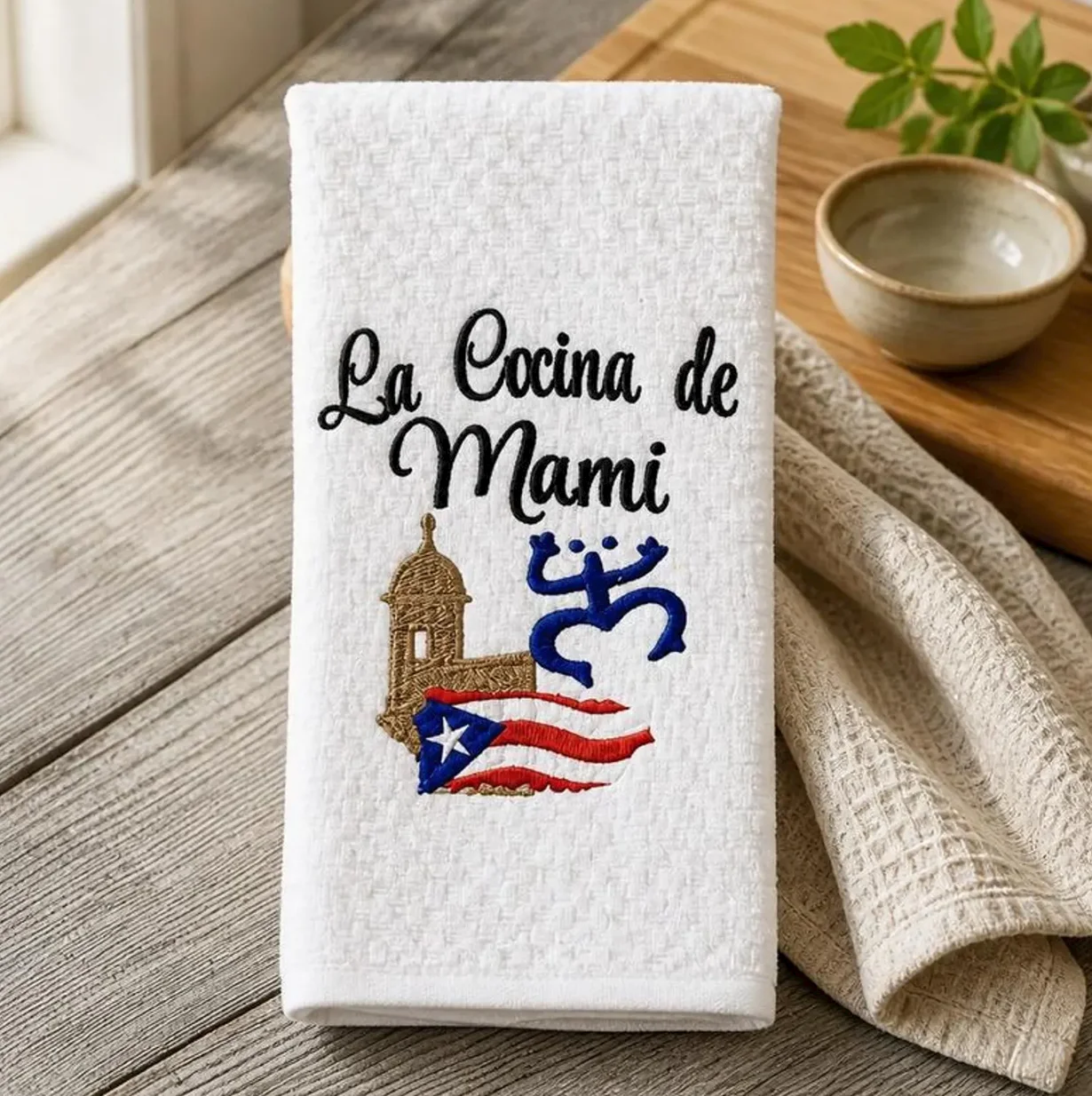 Embroidered Puerto Rican Kitchen Towel: El Morro & Coqui Taino Design product image (1)