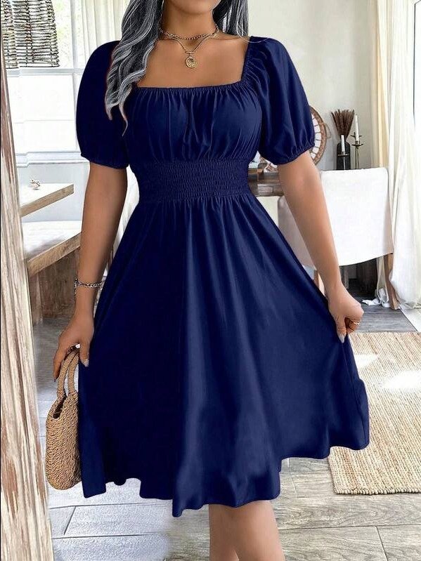ADLEST | Breezaya 1pc Women Square Collar Puff Sleeve Cinched Waist Palazzo Green Dress, Spring/Summer product image (5)