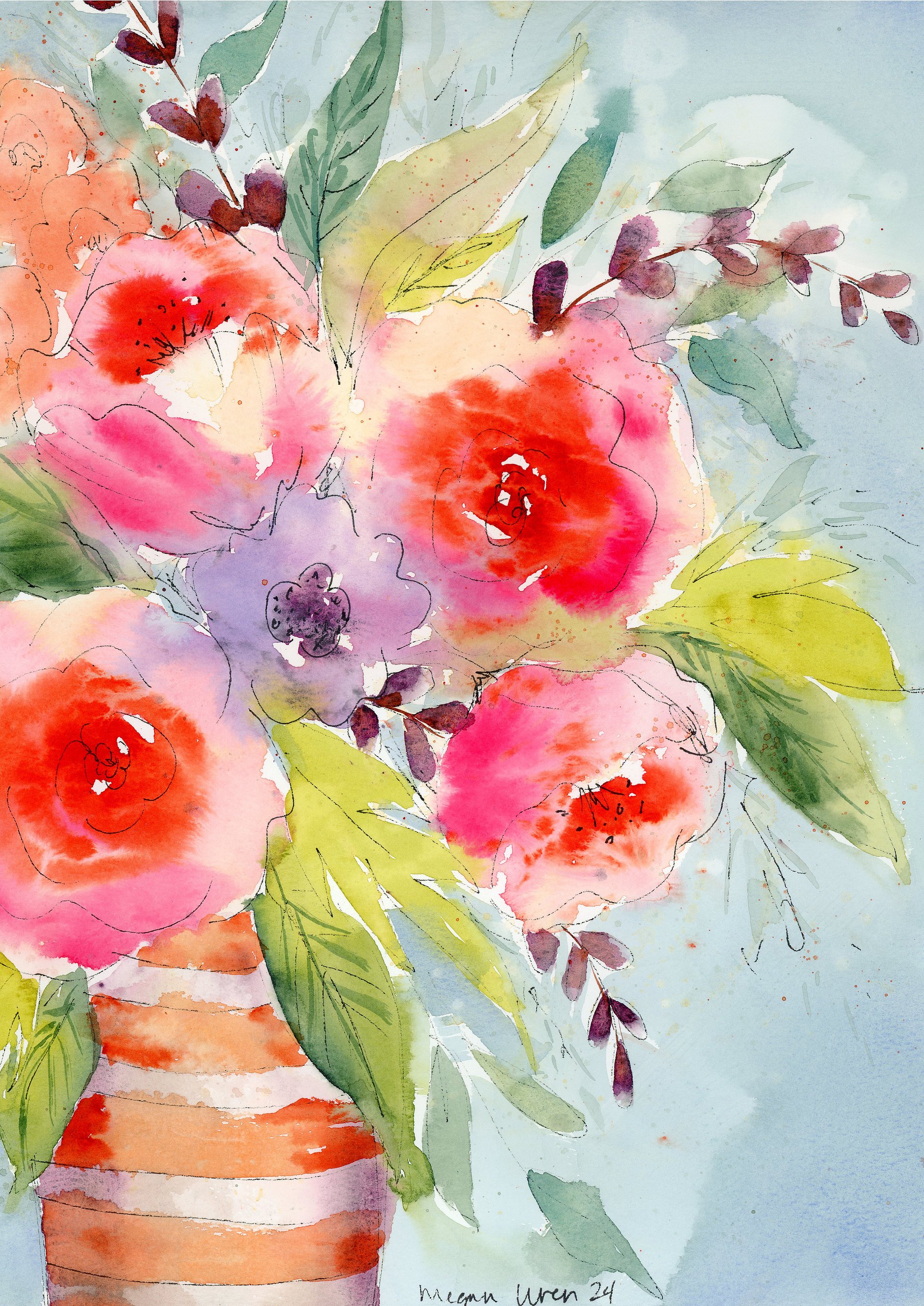 Floral Watercolor Print - Orange Striped Vase product image (2)