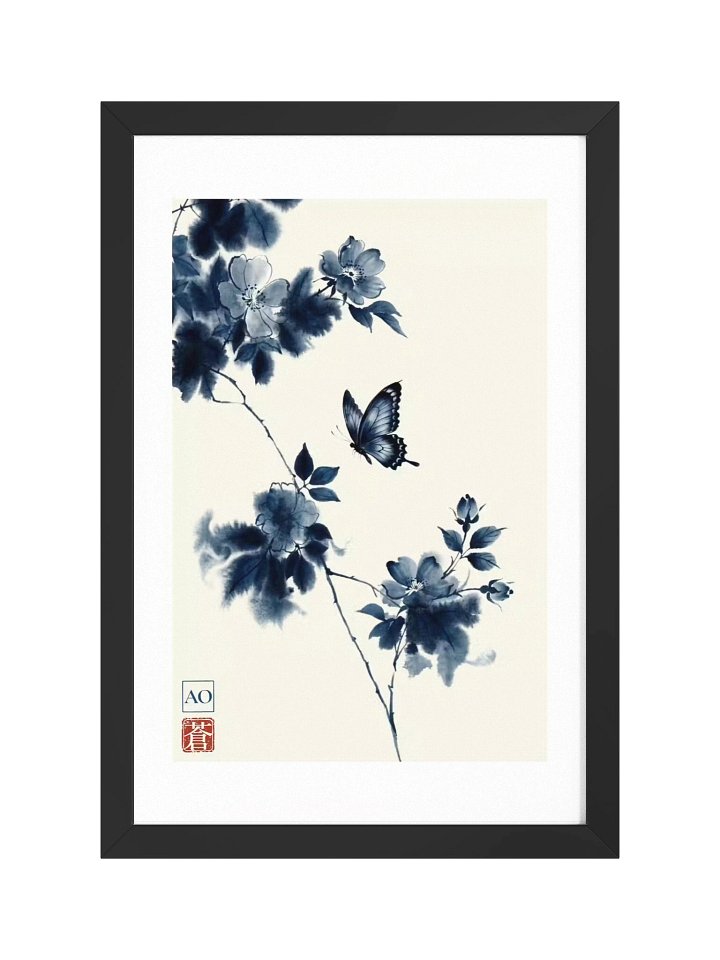 Japanese Ink Art Print | Indigo Butterfly No.04 | Framed Wall Art - AO Japan Blue product image (1)