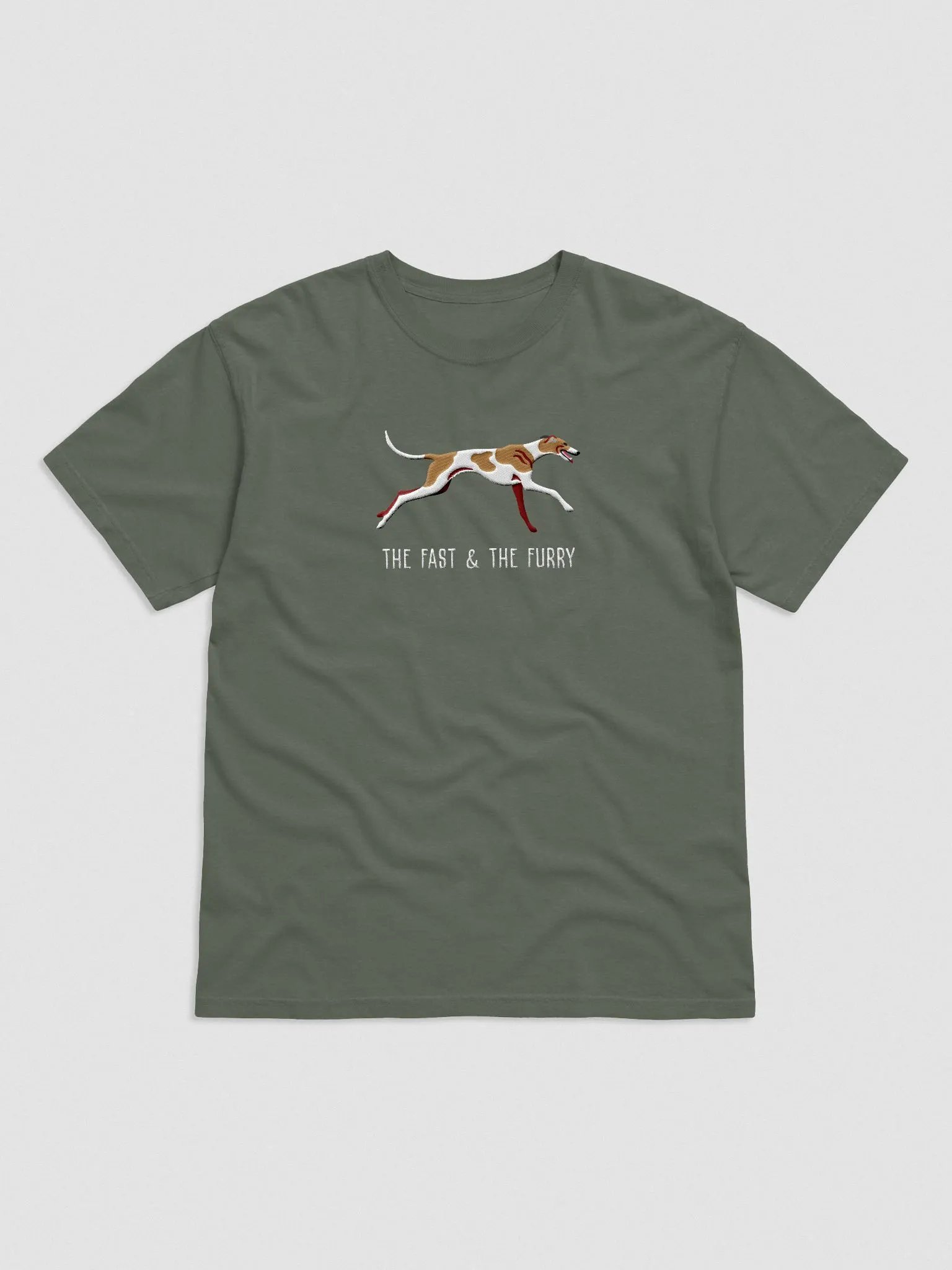 The Fast & The Furry T-Shirt(Embroidered) of a Greyhound(Tan & White) product image (4)