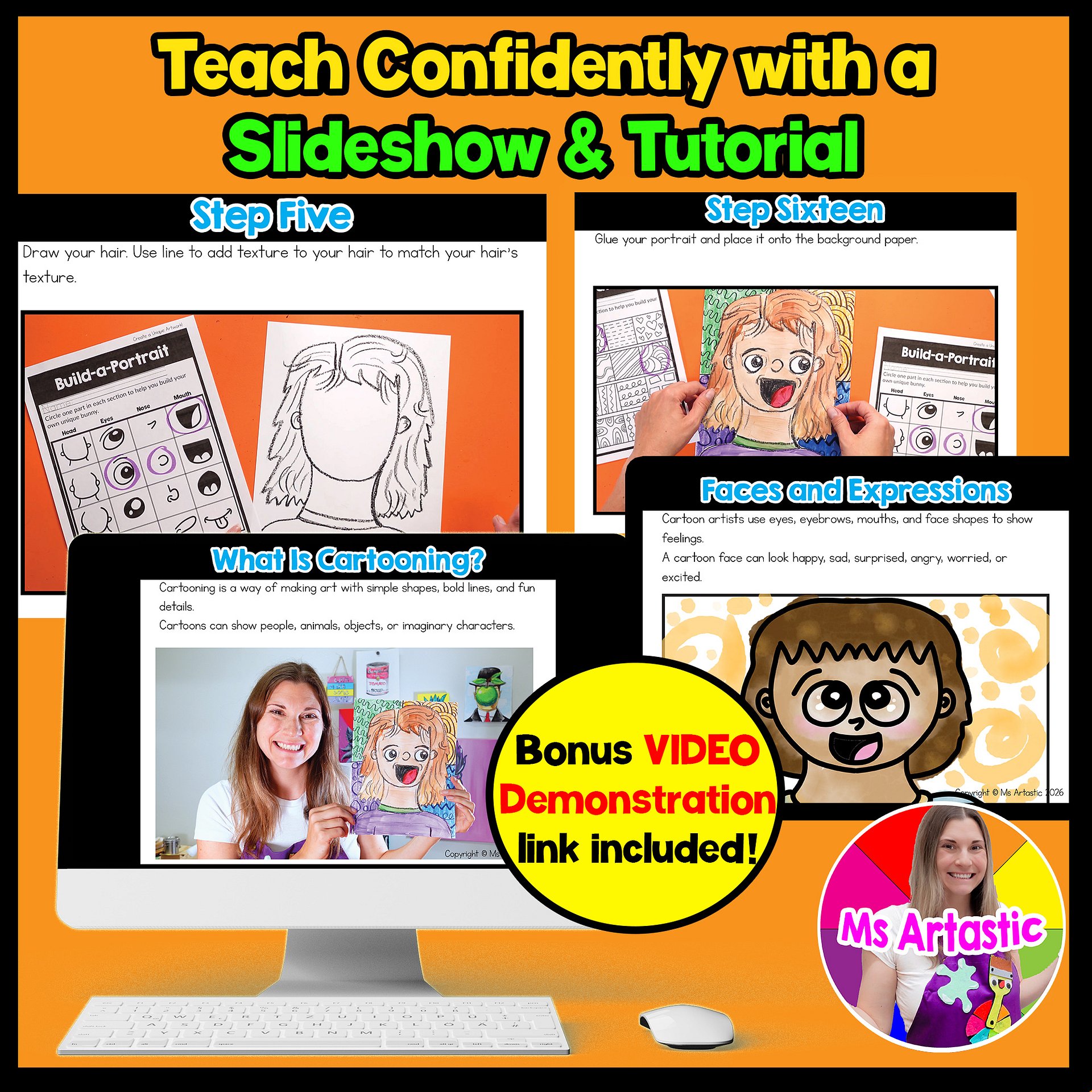 2nd Grade Back to School Cartoon Portrait Art Lesson Self Portrait Art Project product image (2)