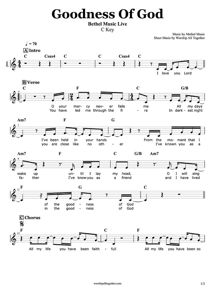 Goodness Of God (C Key) - Bethel Music | Sheet Music, Chord, Lyrics product image (1)