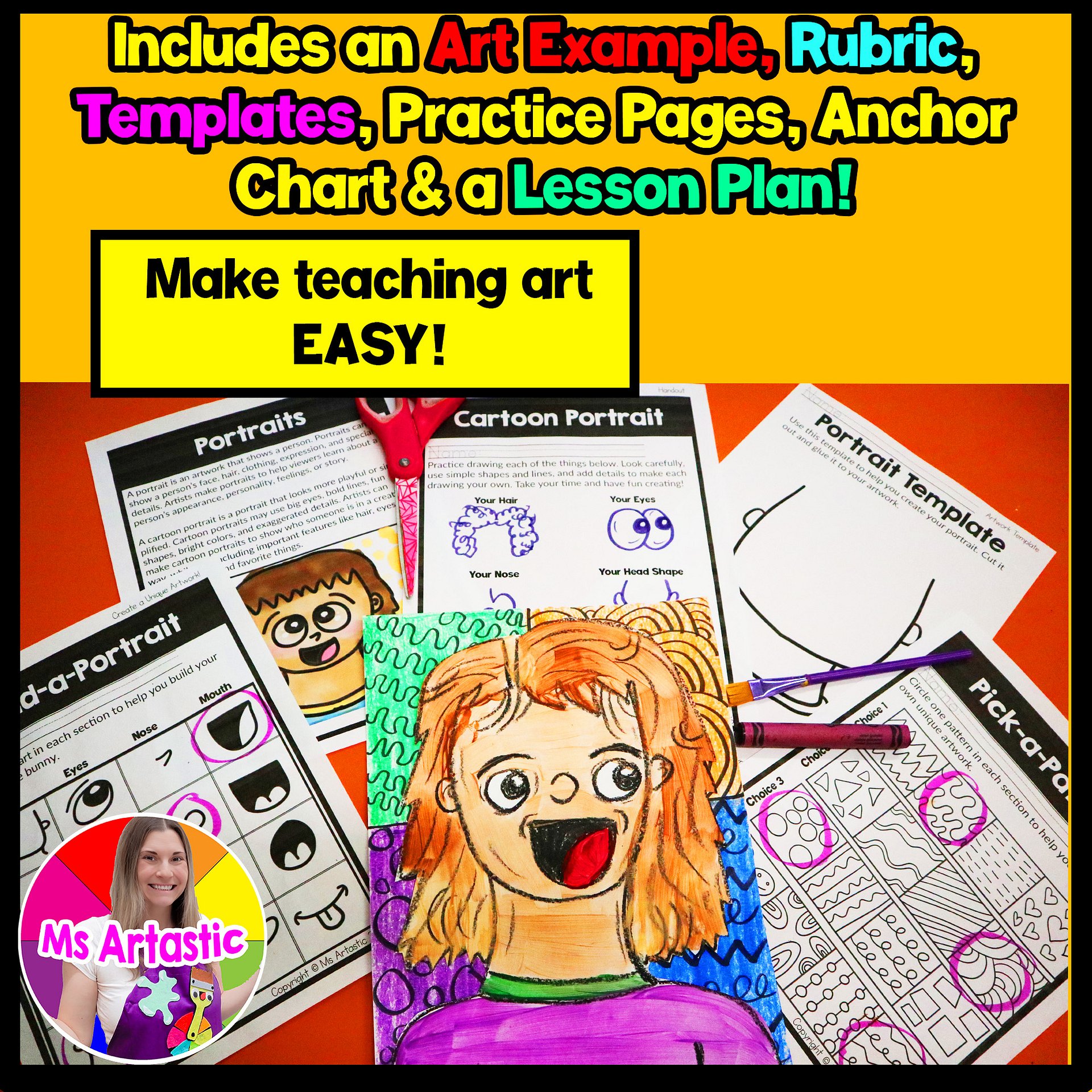 2nd Grade Back to School Cartoon Portrait Art Lesson Self Portrait Art Project product image (3)