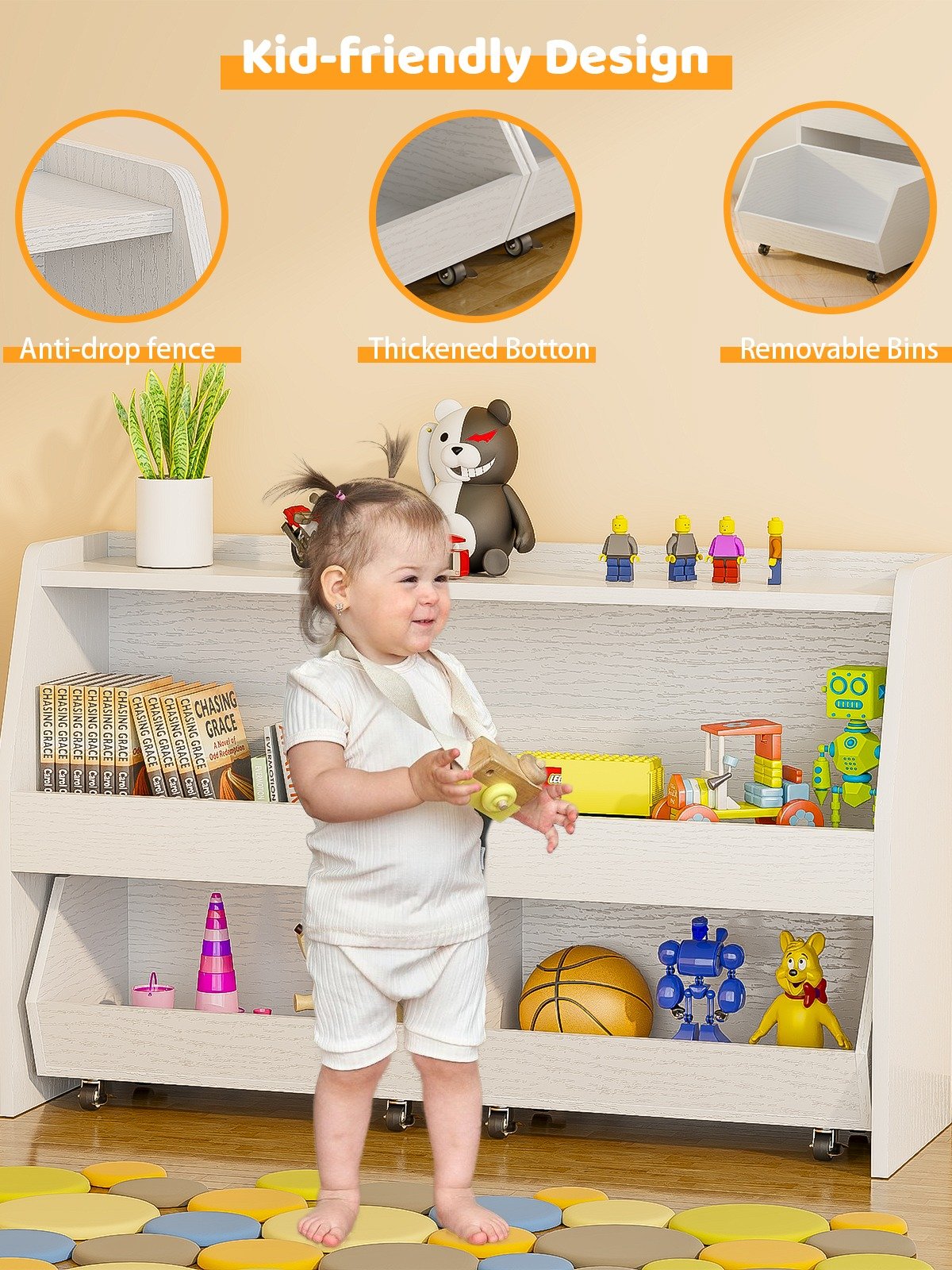 2-Tier Portable Toy Storage, Kids Toy Organizer W/2 Removable Bins with 4 Wheels（White) product image (6)