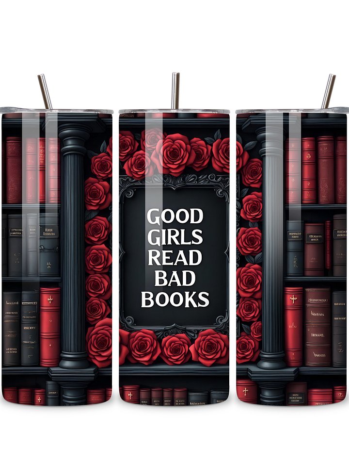 Goth 20oz Skinny Tumbler with Metal Straw – Elegant Red Rose and Library Design – Double-Walled Insulated Stainless Steel Tumbler for Hot & Cold Drinks, Gift for Goth Book Lover product image (1)
