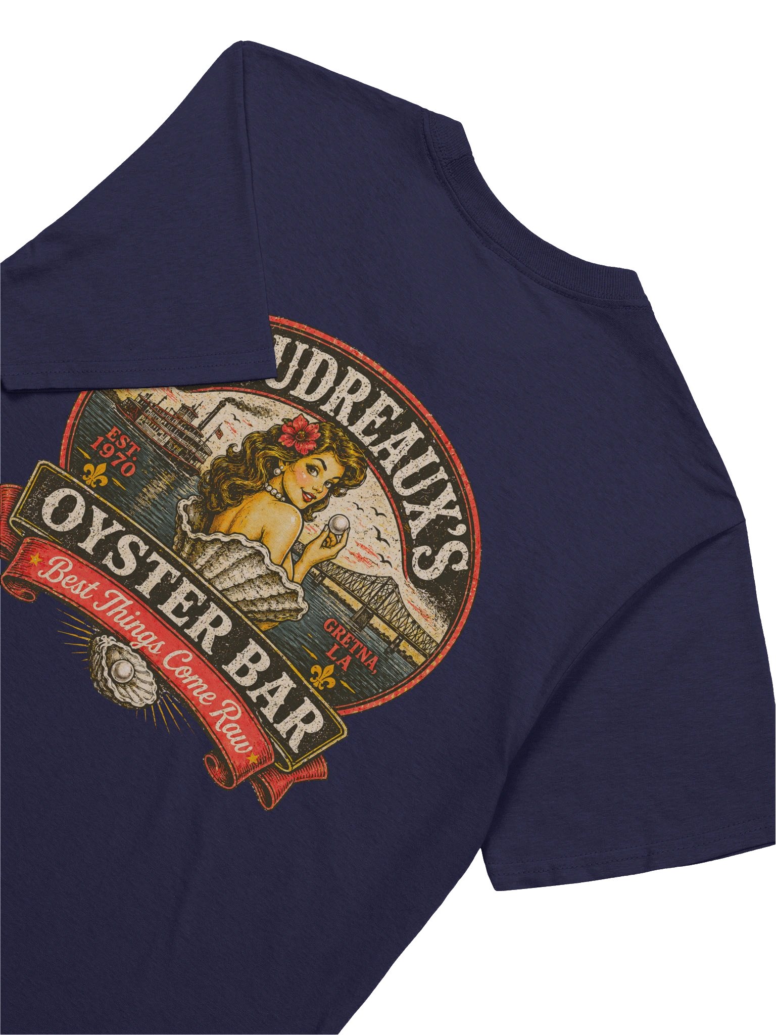 Boudreaux’s Oyster Bar Vintage Tee – Gretna LA Retro Pin-Up Seafood Shirt | Best Things Come Raw product image (15)